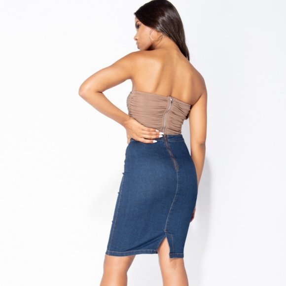 High Waist Denim Jeans Bodycon Pencil Midi Skirt - Picture 2 of 7